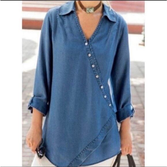 Soft Surroundings Blue Chambray Asymmetric Tunic Top SMALL Lagenlook Wrap Style - Picture 1 of 12